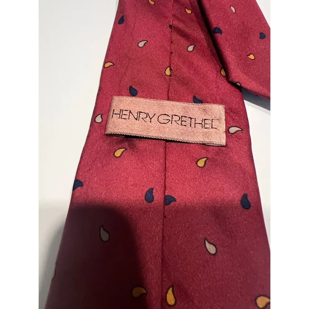 Henry Grethel Men's Silk Tie Red with Navy and Gold Tiny Paisley JL